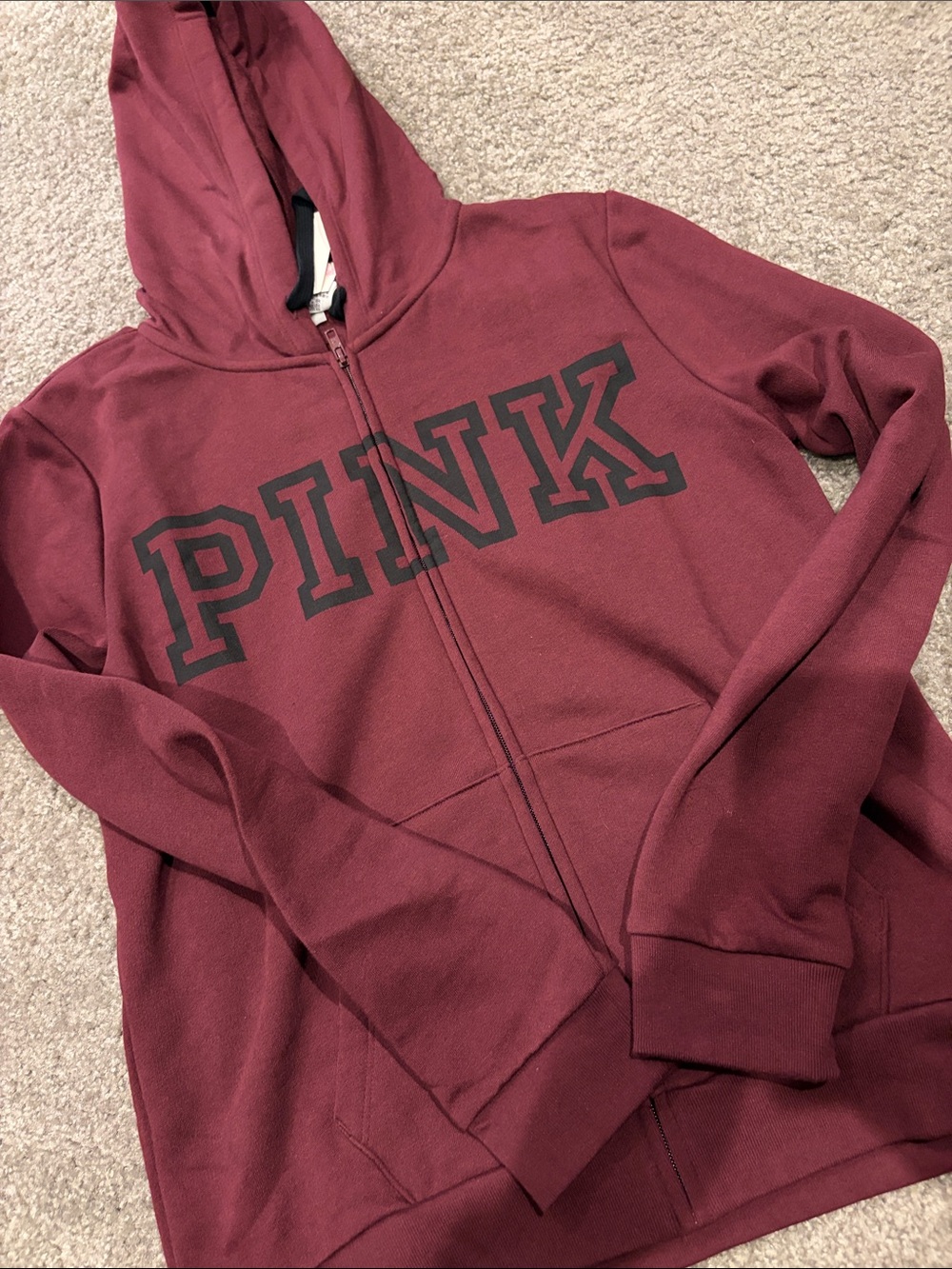NWT PINK Victoria's Secret Maroon Full-Zip Hoodie with Black Logo